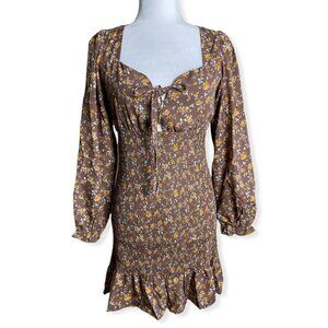 DNT NEW $219 Smocked Mini Dress in Brown Cottagecore Boho Festival Women's Sz M